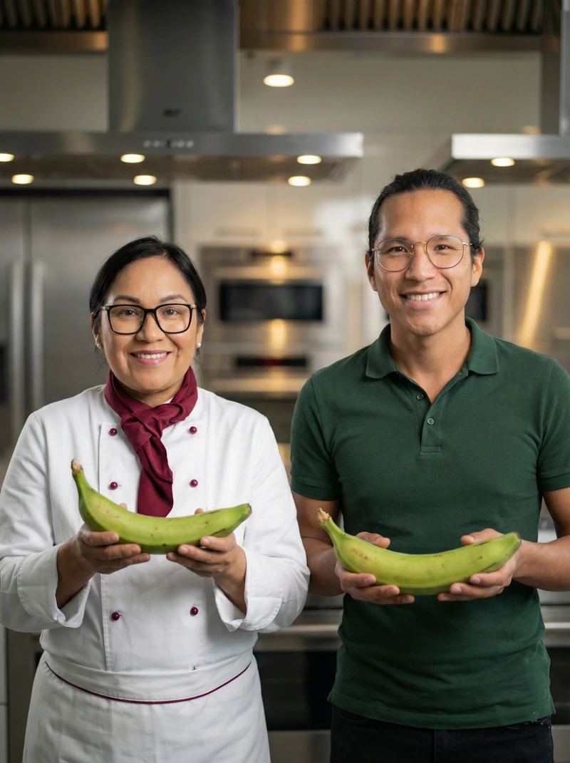 Die Gründer Luis und Carmen lächelnd in ihrer Zürcher Manufaktur, beide halten eine frische grüne Kochbanane in den Händen – das Team hinter der Schweizer Kochbananenchips-Marke.