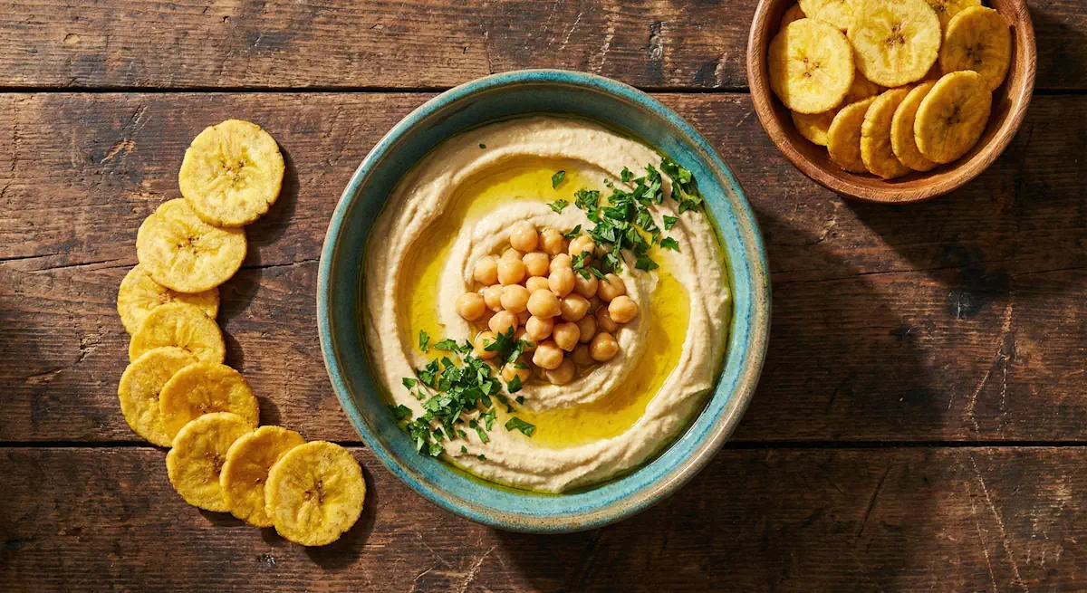 Orientalischer Hummus mit Olivenöl und Kichererbsen, serviert mit einer Portion salziger Kochbananenchips auf dunklem Holzgrund.