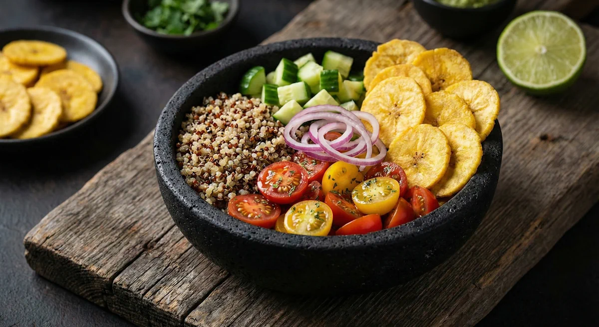 Schwarze Steinschale mit Quinoa, Gurkenwürfeln, bunten Tomaten und gefächerten salzigen Bananenchips.