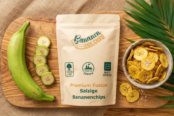 Verpackung salzige Kochbananenchips Alpensalz neben frischen grünen Kochbananen auf einem rustikalen Holzbrett – gesunder Apéro Snack.
