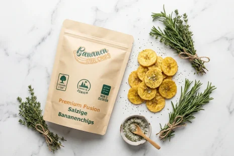 Stapel knusprige Kochbananenchips mit Alpenkräutersalz, umgeben von frischen Rosmarin- und Thymianzweigen auf hellem Marmor – Premium-Snack aus lokaler Zürcher Produktion.