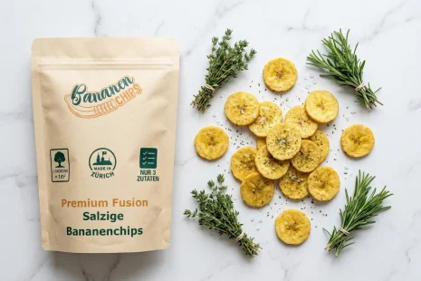 Kochbananenchips Alpenkräutersalz – Premium Qualität. Packung salzige Kochbananenchips mit echten Alpenkräutern und Rosmarinzweigen auf Marmorhintergrund – veganer Premium-Snack aus Zürich.