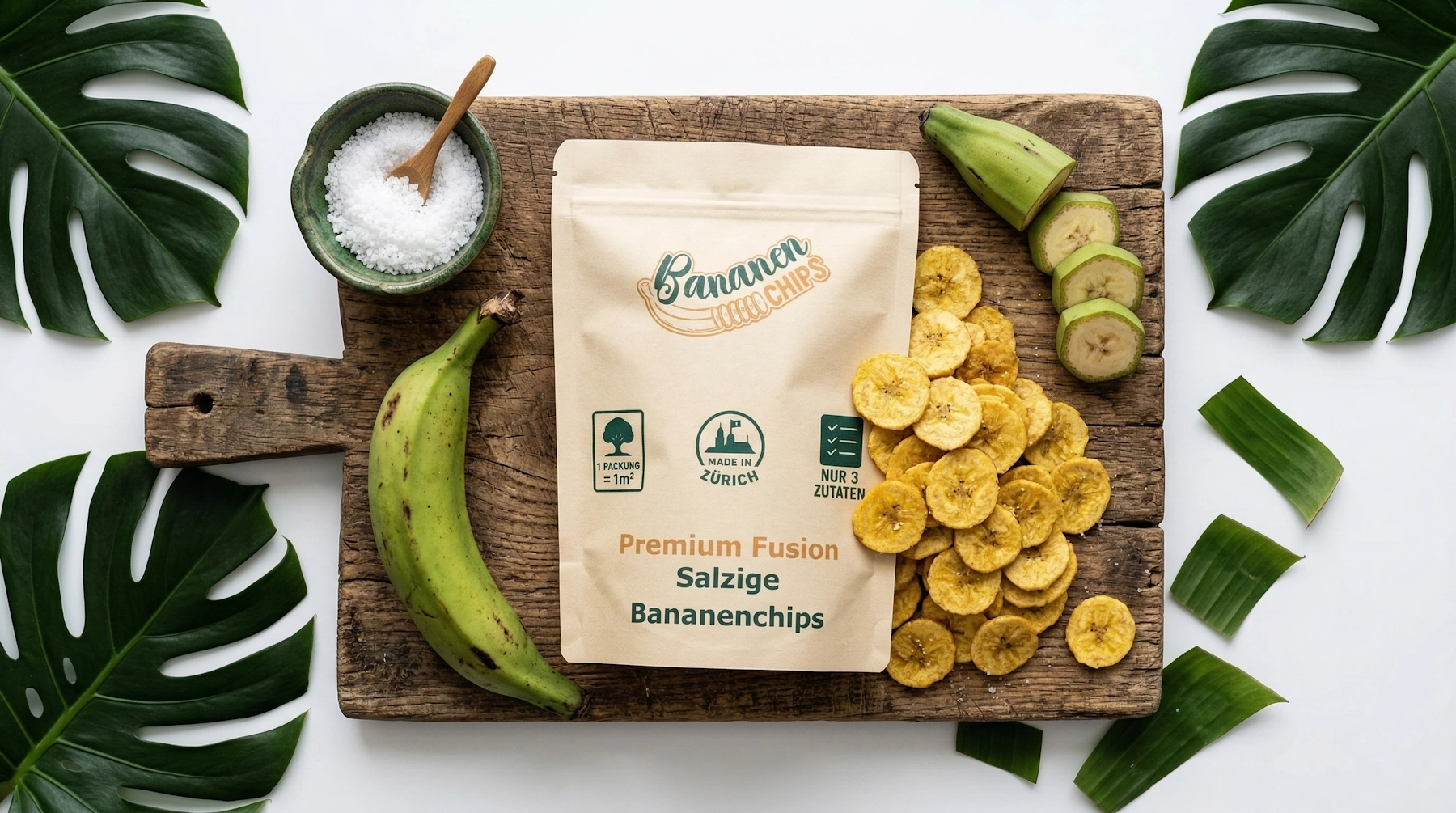 Eine Packung "Bananen Chips" Premium Fusion Salzige Kochbananenchips aus Zürich, präsentiert auf einem Holzbrett mit Meersalz und Monstera-Blättern. Die gesunde Apéro-Alternative zu Kartoffelchips.