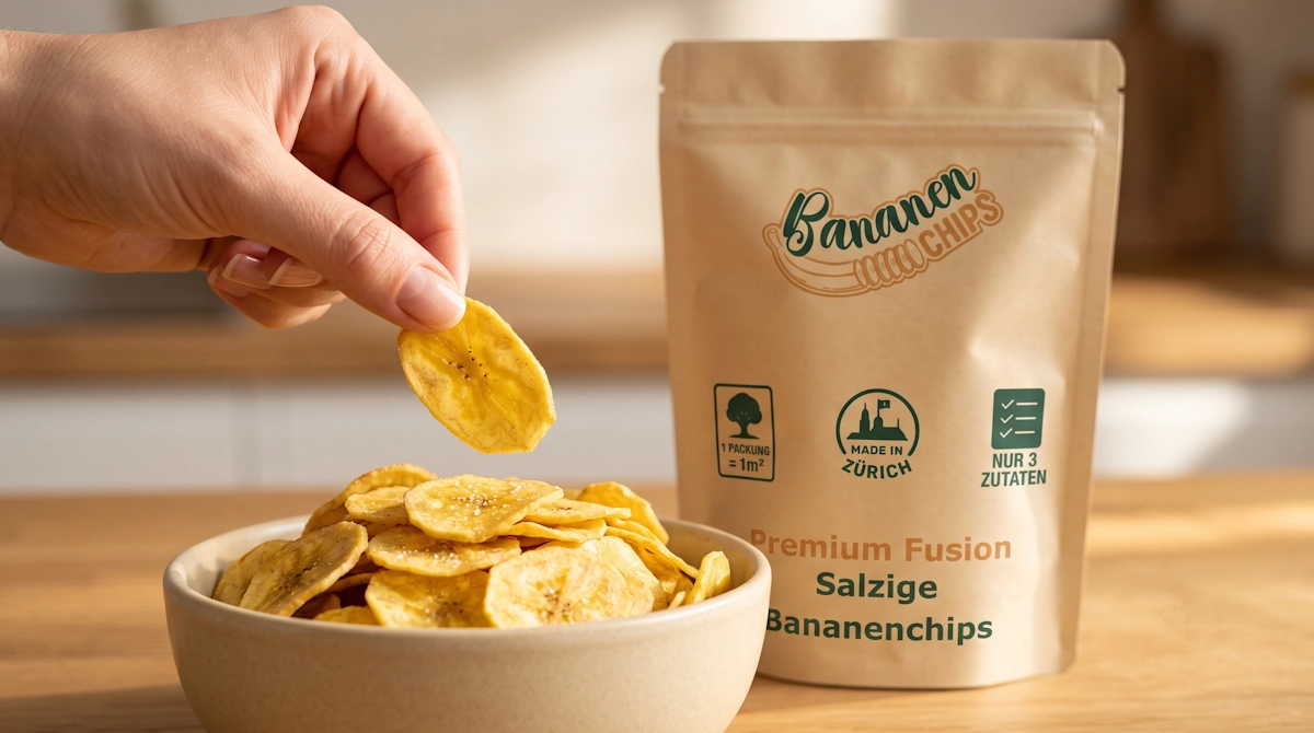 Eine Hand greift nach einer knusprigen Scheibe salziger Kochbananenchips aus einer Schale. Daneben steht die Stehbeutel-Verpackung mit dem Aufdruck "Made in Zürich" und "Nur 3 Zutaten". Glutenfreie Snacks aus der Schweiz.